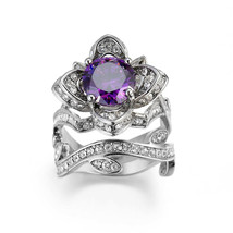 Purple Crystal &amp; Cubic Zirconia Flower Ring Set - £11.95 GBP