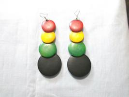 Clearance SALE Rasta Red Yellow Green Black Rounds Wood 4&quot; Pair of Earrings - £3.98 GBP