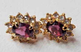 ROMAN Brand Pierced Earrings Faux Amethyst Purple with Clear Rhinestones Vintage - $16.78