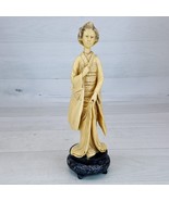 Vintage Asian Woman in Kimono Faux Carved 9.5&quot; Figurine Etched Base Signed - $96.99