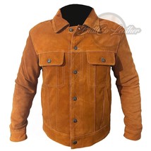 Men Mustard Trucker Leather Jacket Cow Suede Western Denim Jeans Style Shirt - $193.79