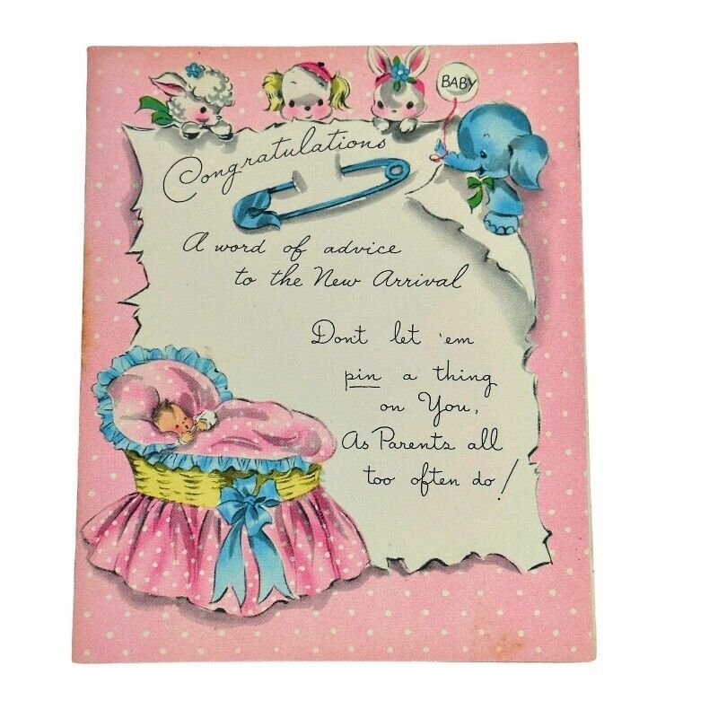 Primary image for New Baby Girl Card 1950s American Greetings Pink Baby in Bassinet Vintage Used