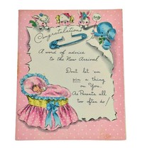 New Baby Girl Card 1950s American Greetings Pink Baby in Bassinet Vintage Used - $5.84