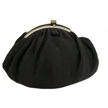 Vintage Gathered Clutch BAG Black Fabric w Coin Satin Lined  Gold Clasp Closure - £21.61 GBP