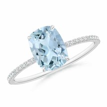 ANGARA Thin Shank Cushion Cut Aquamarine Ring With Diamond Accents - £703.43 GBP