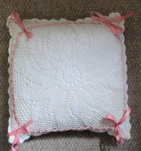 11 Inch Square White Crochet Pillow Pink Ribbon Bedroom Decoration Sofa ... - $19.99