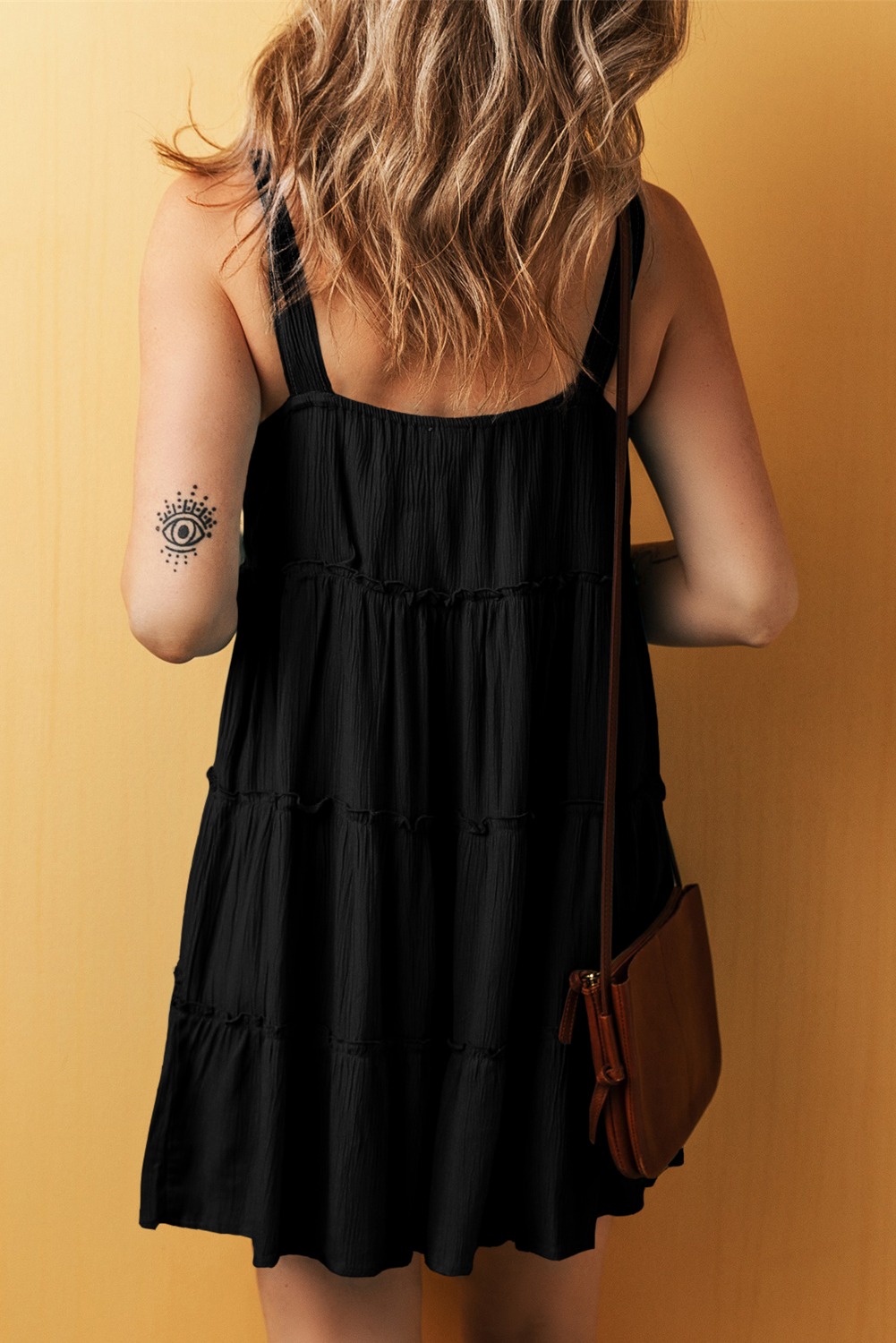 Black Button V Neck Frilly Tiered Sleeveless Dress Item image 2