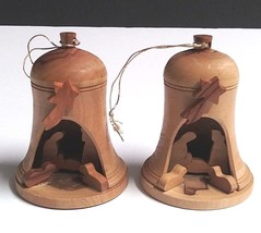 Olive Wood Bethlehem Carved Christmas Nativity Inside Bell Ornaments (Qty 2) b - £11.98 GBP