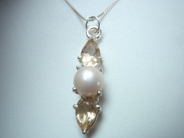 Cultured Pearl &amp; Faceted Citrine 3-Gem 925 Sterling Silver Pendant - £10.78 GBP