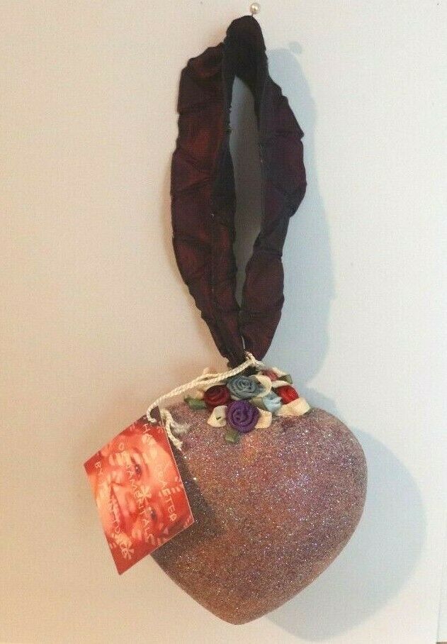 VINTAGE WT JOHN TOOLE PINK GLITTER/RIBBON HEART Ornament 4&quot; VALENTINE - $14.80