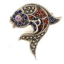 Vtg Sterling Sign Judith Jack Art Deco Multi Color Crystal Marcasite Fish Brooch - £43.79 GBP