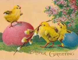 Yellow Chicks With Colored Eggs Antique Easter Postcard - £4.74 GBP