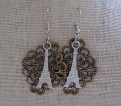 New Brass &amp; Silver Tone Eiffel Tower Paris France Scroll Dangle Earrings Layered - £8.69 GBP