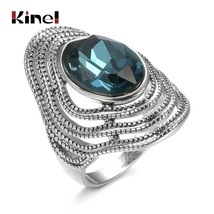 Luxury Vintage Blue Glass Ring Fashion Jewelry Ancient Silver Color Rings For Wo - £6.22 GBP