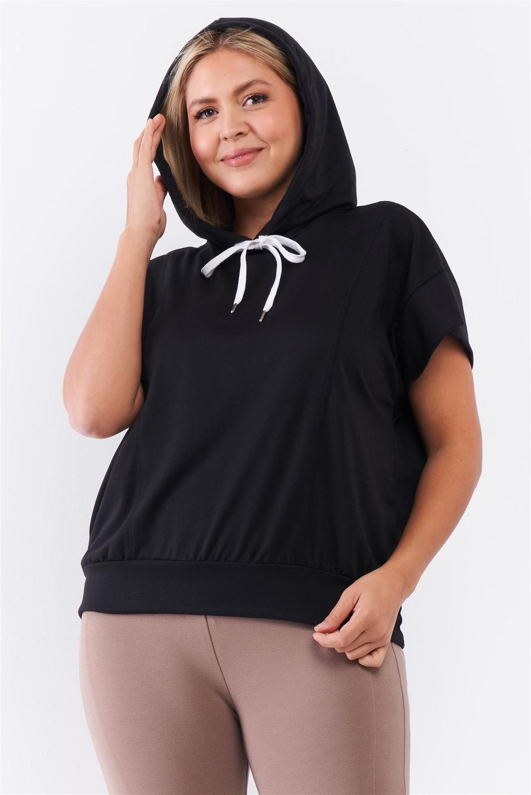 Black Short Wing Sleeve Relaxed Fit White Draw String Tie Hood Detail Top - $15.40