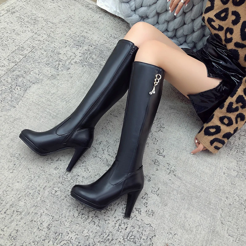 New Women Knee High Boots Round head Thick Heel Zipper Solid Color High heels Bo - £91.64 GBP