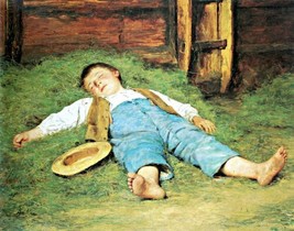 Painting Sleeping Boy in Hay by Albert Anker Children Repro Giclee - £6.73 GBP+