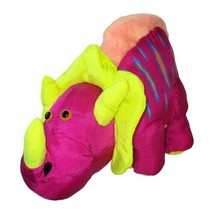 Vintage Stuffins Neon Pink Dinosaur Plush Nylon Puffy Triceratops Sound 20&quot; - £21.77 GBP