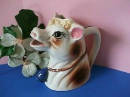 Vtg Mij Elsie Borden Cow Creamer Milk Pitcher Bovine Beauty Deep Blue Neck Bell - £33.63 GBP