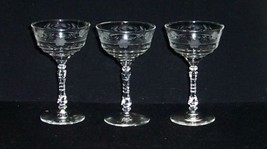 3 Vintage Depression Tall Champagne/Wine Etched Fancy Bar Glasses 6&quot; 8oz - £11.71 GBP