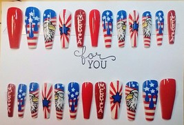 24pc Press on Nails Red White and Blue Stripes and Stars Eagle Xtra Long... - £6.39 GBP