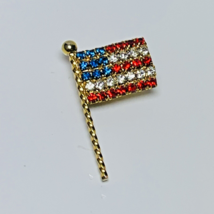 Vintage American Flag Rhinestone Pin Brooch Gold Tone - £11.54 GBP