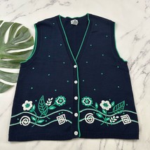 Koret Womens Vintage 90s Sweater Vest Size L Navy Blue Green Floral Embr... - $28.70