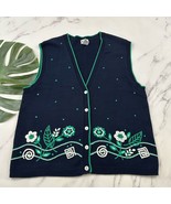Koret Womens Vintage 90s Sweater Vest Size L Navy Blue Green Floral Embr... - $39.25 CAD