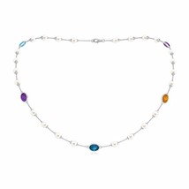 ANGARA 18&quot; Freshwater Pearl Necklace with Oval Gemstones in 14K Solid Gold - £1,231.29 GBP