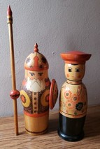 Pair Old Russian Nesting Doll Bottle Holders Warrior Soldier Man Doll Wood - £77.87 GBP