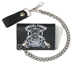 SPECIAL FORCES BLACK COLOR TRIFOLD BIKER WALLET W CHAIN mens LEATHER #59... - $9.45