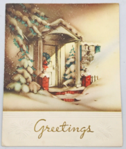 Vintage A&amp;W Merry Christmas Greetings Snowy Front Porch w/ Wreath Card USA - £7.56 GBP