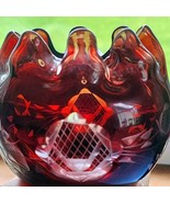 Art Glass Ruby Red Cut To Clear Crystal Czech Bohemian Rose Bowl Ruffle ... - $17.97