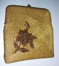 Walborg Gold Beaded Clutch Purse Handbag w Beaded Flower 6&quot;X 5.75&quot; Vintage - £26.73 GBP