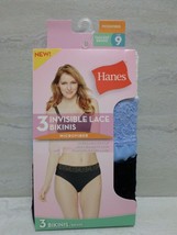 Hanes 3-Pack Tagless Microfiber Invisible Lace Bikinis Black/Blue/White Size 9 - £7.18 GBP