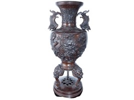 c1880 Meiji Period Japanese Bronze Vase with Relief Birds flowers and serpent ha - £566.42 GBP