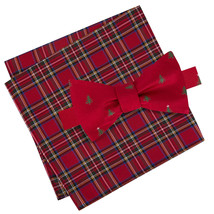 TOMMY HILFIGER Red Christmas Tree Bow Tie Royal Stewart Pocket Square Si... - $24.99
