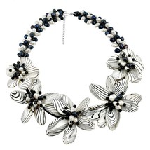 Modern Floral Hand Painted Mother of Pearl Necklace - £96.34 GBP