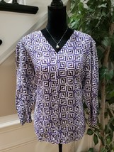 Liz Claiborne Women&#39;s Multi Geometric Rayon V Neck Long Sleeve Top Blouse Large - £22.30 GBP