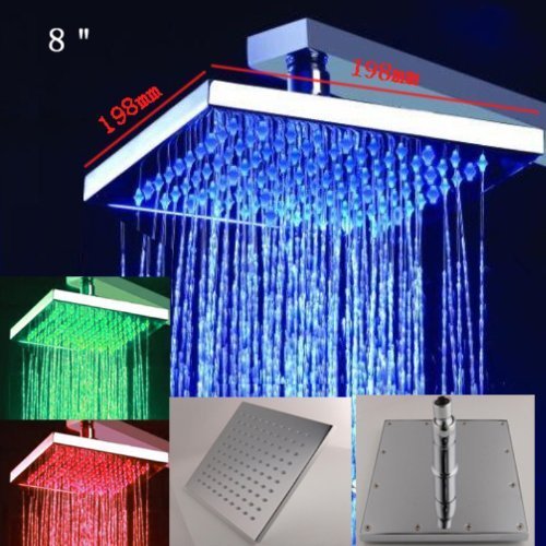 Primary image for Cascada 8 Inch Wall Mount Square Multi Color LED Rain Shower Head, Brushed Nicke