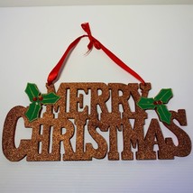 Merry Christmas Wood Hanging Wall Sign Plaque With Red Glitter Green 15.5 X 6.5 - £15.56 GBP