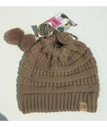 Ponytail Beanie Cable Knit High Bun Beanie Hat with Adjustable Pom Pom S... - £7.60 GBP