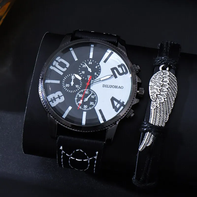 2pcs Big Dial Wristwatch  Men Leather Business Casual Watch celet Fashion For Da - £41.63 GBP