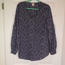 CAbi Te Amo Love Script Blouse Navy Blue Balloon Bishop Sleeve Style 533... - $23.38