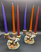 Pair Of Halloween Triple Taper Candle Holder With Ghosts Mummies Pumpkins - £19.32 GBP