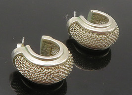 ESPO 925 Sterling Silver - Vintage Shiny Mesh Round J-Hoop Earrings - EG7806 - £53.35 GBP