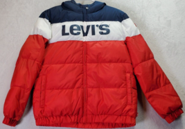 Levi&#39;s Puffer Jacket Youth Large Red Blue White Long Sleeve Hooded Logo Full Zip - £17.27 GBP