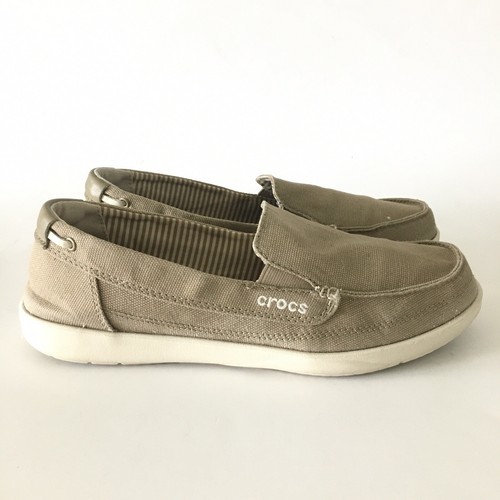 Crocs Walu Loafer Khaki Tan Canvas Slip On Comfort Boat Shoes Women’s Si... - $14.11