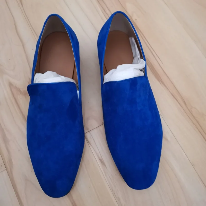 High Quality Royal Blue Suede Loafers Men Leather Casual Shoes Handmade ... - £152.34 GBP