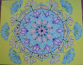 Painting Mandala Flower Design Colorful Hand Painted Flowers Blue Pink Y... - $35.88